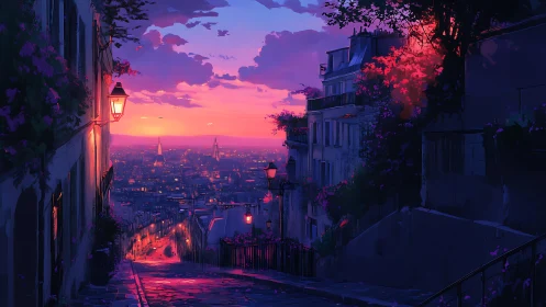 Paris hillside street glows under vivid neon sunset sky.