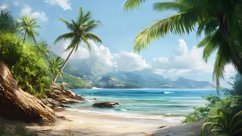 Tropical Island Paradise Beach with Mountain Vista.