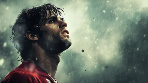 Storm-lit athlete lifts hopeful gaze through driving rain