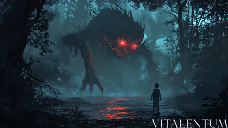 Bioluminescent forest wraith confronting child at flooded clearing