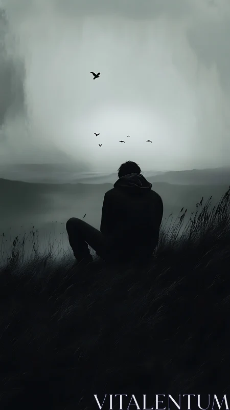 Backlit solitary figure on windswept slope observing distant birds