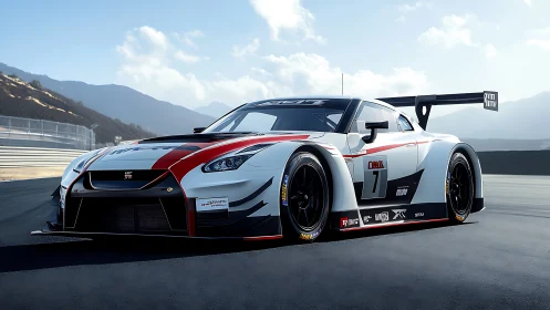 GT-style race car on asphalt circuit under clear sky.