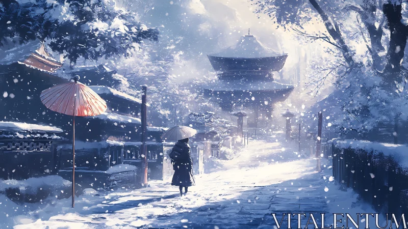 Snow-covered temple path shows lone figure holding umbrella