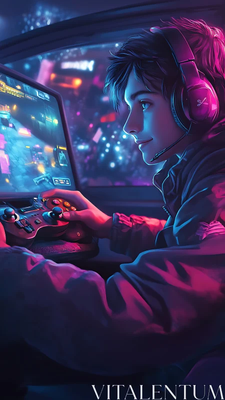 Neon lit gamer enjoys an immersive night of console play