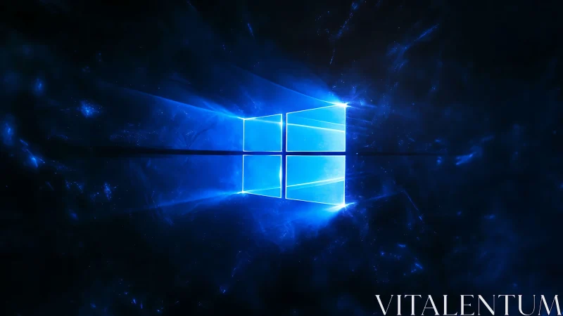 Glowing window logo radiates through deep cosmic blue space.