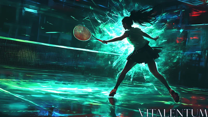 Electric court clash with neon energized tennis player.