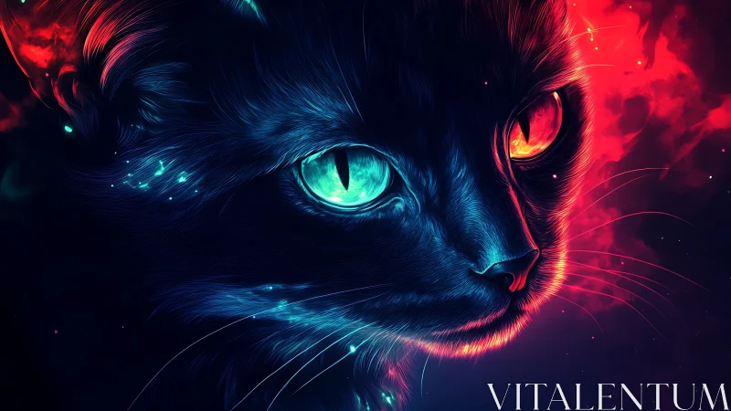 Luminous Feline Stare: Neon Eyes Ablaze in Cosmic Darkness.