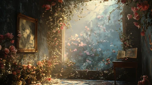 Digital painting of sunlit floral interior and garden portal.