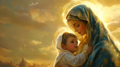 Mother in blue robe holding child under glowing golden sky.