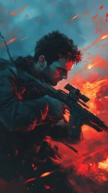 Dynamic soldier portrait with rifle rendered in high-contrast flames