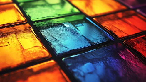 3D prismatic glass grid with saturated chromatic panels.
