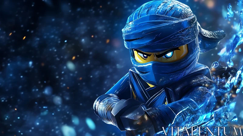 Blue plastic ninja slices through swirling cosmic spray