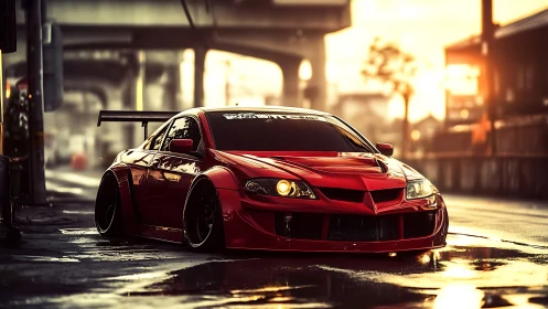 Scarlet street racer prowls sunset-soaked city asphalt.