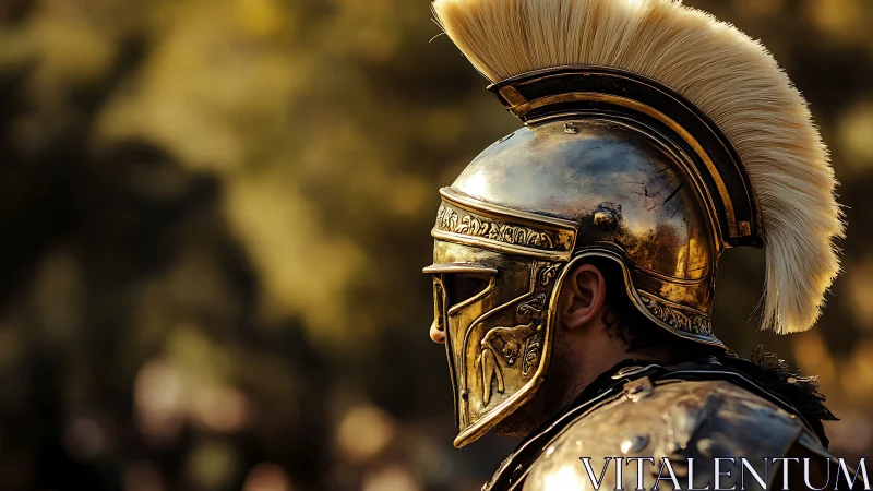 Golden Roman-style helmet with plume in profile view.