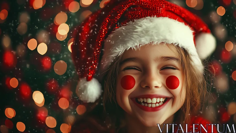 Joyful child in Santa hat amid glowing bokeh lights.