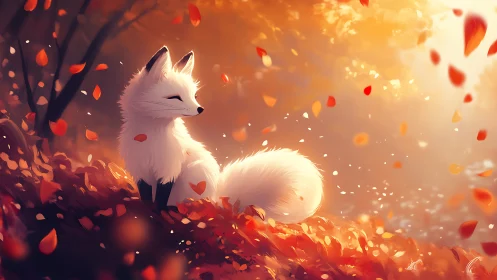 White fox rests in glowing autumn forest light.