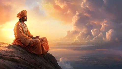Meditating sage on cliffside rendered in luminous digital realism