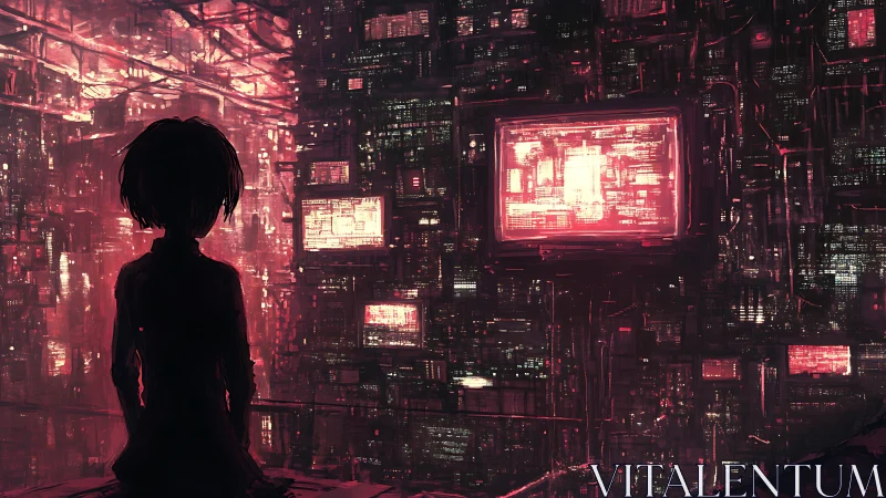 Silhouetted operator studies dense neon data grid in dark city