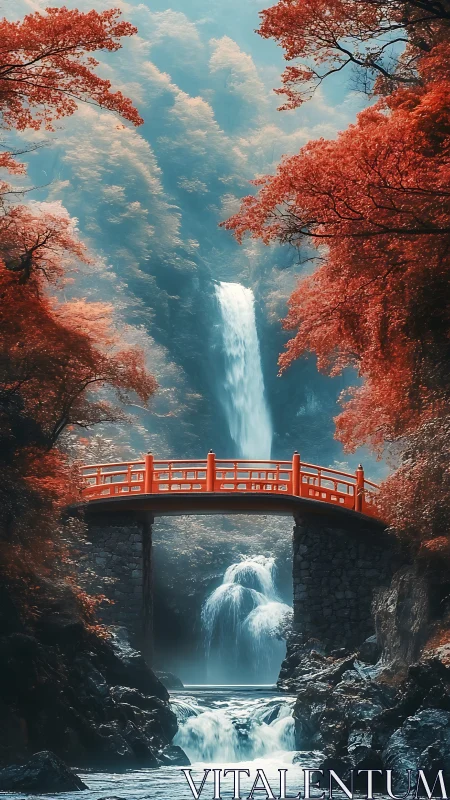 Scarlet forest bridge spans misted waterfall gorge