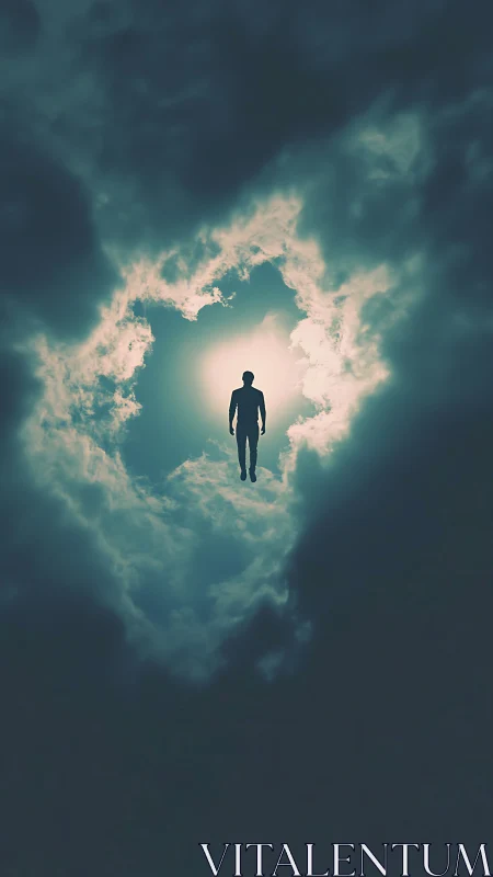 Silhouetted human figure suspended in circular cloud opening.