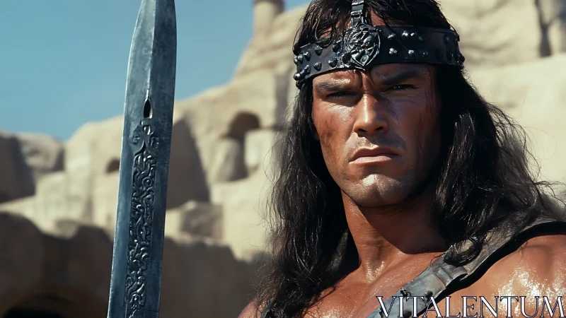 Sword wielding warrior in desert fortress setting.