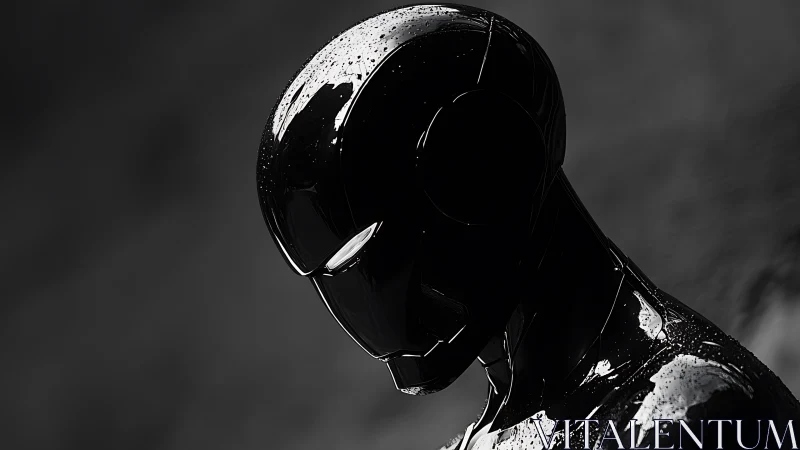 Chrome sentinel bows quietly beneath a storm of light