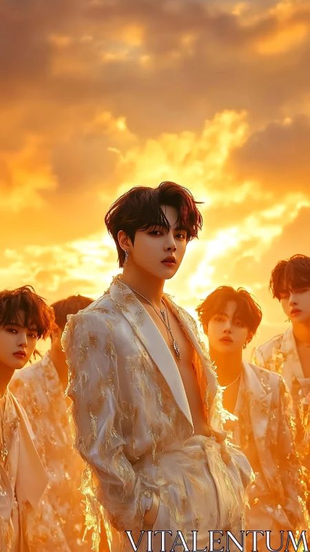 Golden-hour dreamers in shimmering embroidered suits.