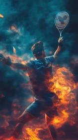 Male badminton player surrounded by dramatic flames and smoke.
