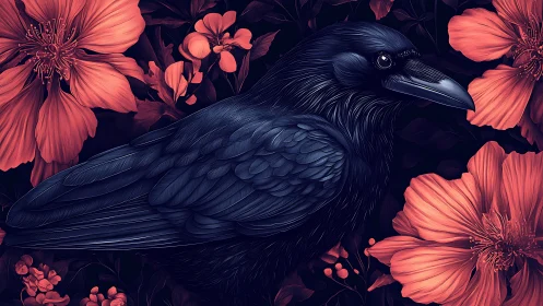 Digital illustration shows black crow centered among flowers