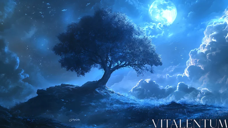 Solitary tree on ridge under bright full moonlit sky.