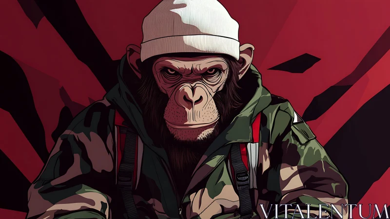Camouflage-clad chimpanzee in streetwear against red geometry