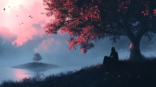 Solitary figure beneath glowing cherry tree at misty lake.