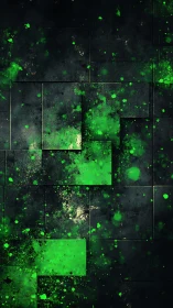 Green splatter on dark geometric tiled surface background.