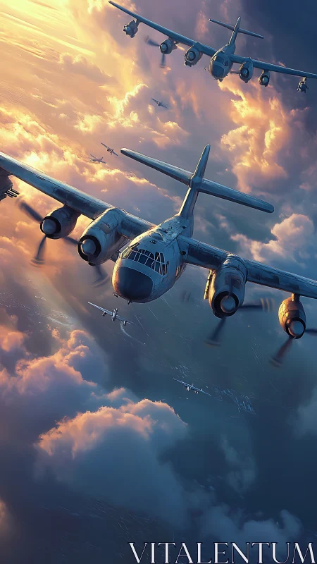 Multi-engine cargo aircraft formation at golden hour altitude