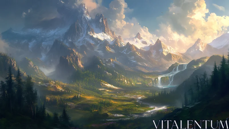 Sunlit alpine valley with towering peaks and cascades.