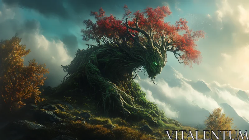 Ancient forest guardian awakens with glowing emerald eyes.