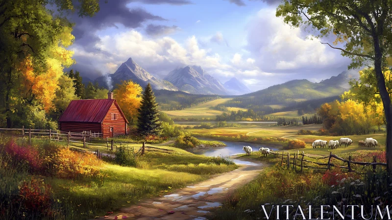 Rural river valley with log cabin, sheep and mountains.