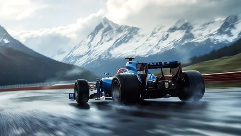 Formula race car accelerates on wet alpine circuit