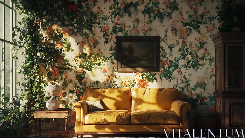 Sunlit yellow sofa in floral living room with greenery.