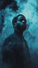 Portrait of a person in colored smoke with directional light