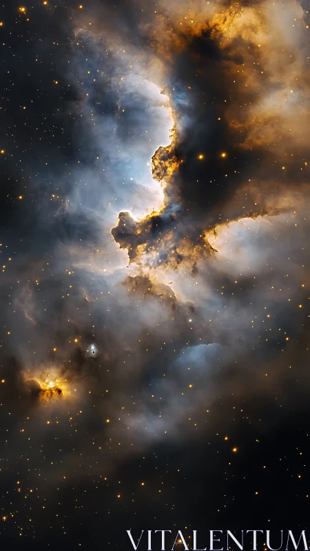 Vertical space nebula with dense dust clouds and starfield