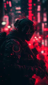 Tactical cyber soldier stalks neon city in crimson haze.