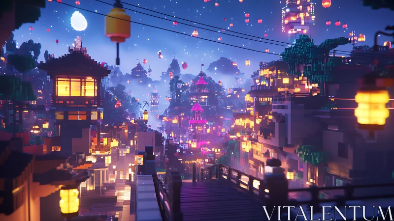 Voxel lantern cityscape glows under a misty festival night sky