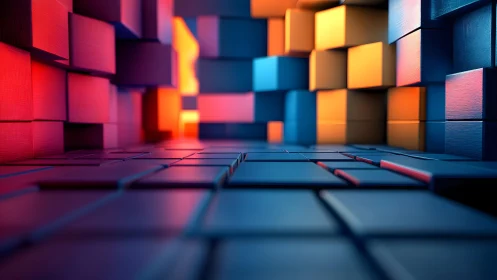 Abstract geometric corridor of colorful cubes with modern lighting.