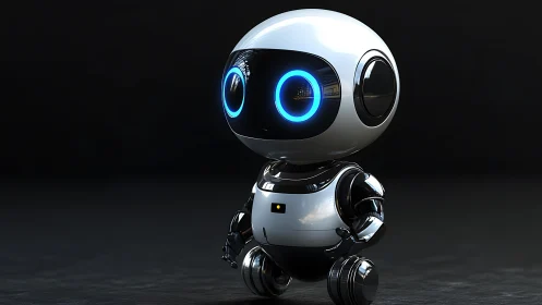 Cute glossy robot with glowing blue eyes on dark background.