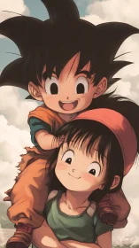 Anime children in warm backlit portrait with soft cloudscape