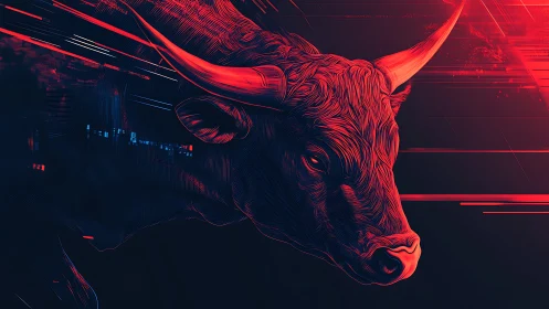 Neon vector bull in high-speed motion blur field rendering.