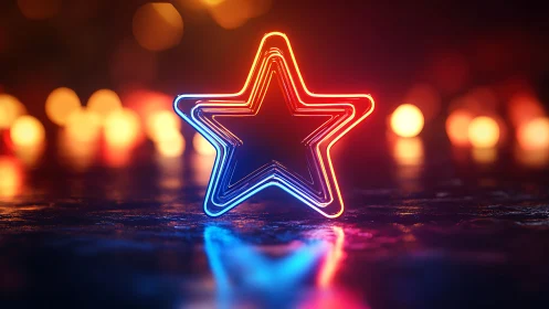 Neon star light sculpture with bokeh background, dual color glow