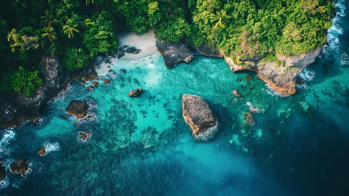 Tropical Cove from Above. Turquoise Waters Meet Lush Jungle.