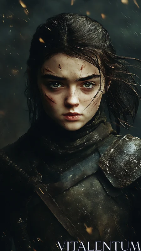 Battle-scarred young warrior with intense steel gaze